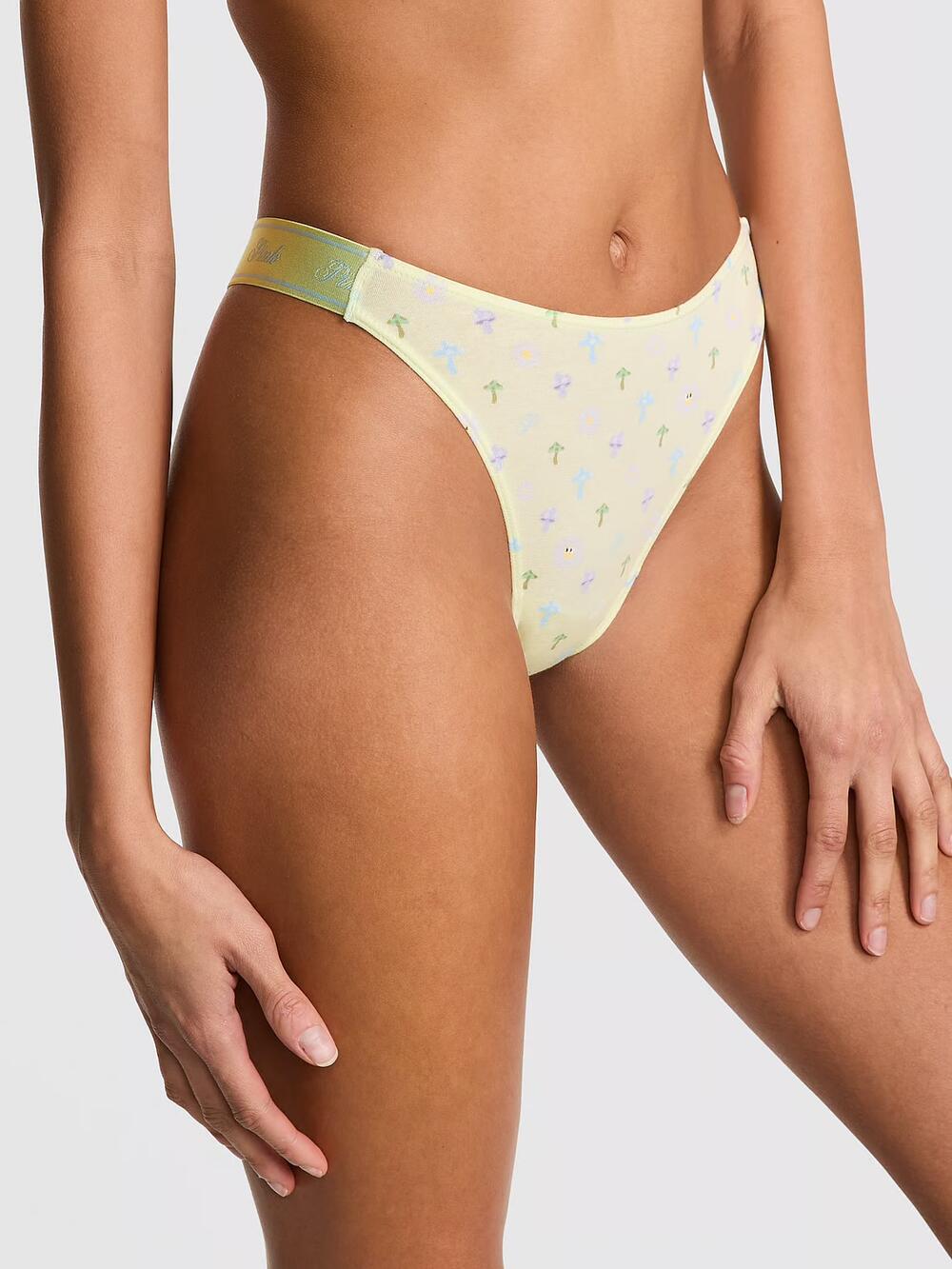 Logo PINK широке High-Leg Стрінги Розмір S Fresh Mint Daisy Mushroom Print 7A2K