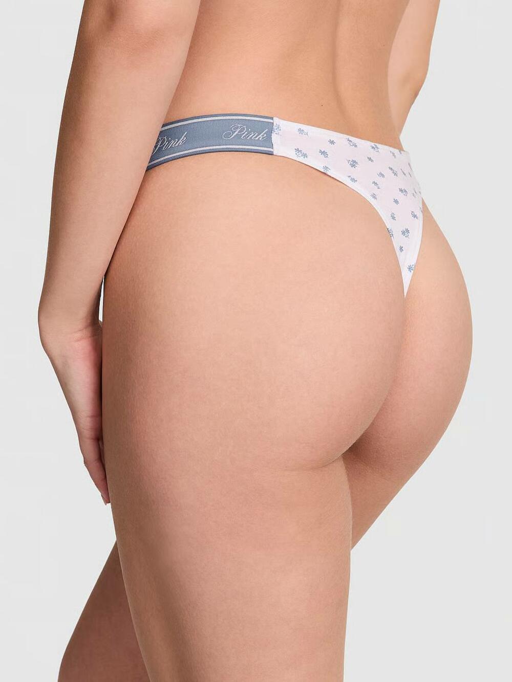 Logo PINK широке High-Leg Стрінги Розмір L White Blue Floral Print