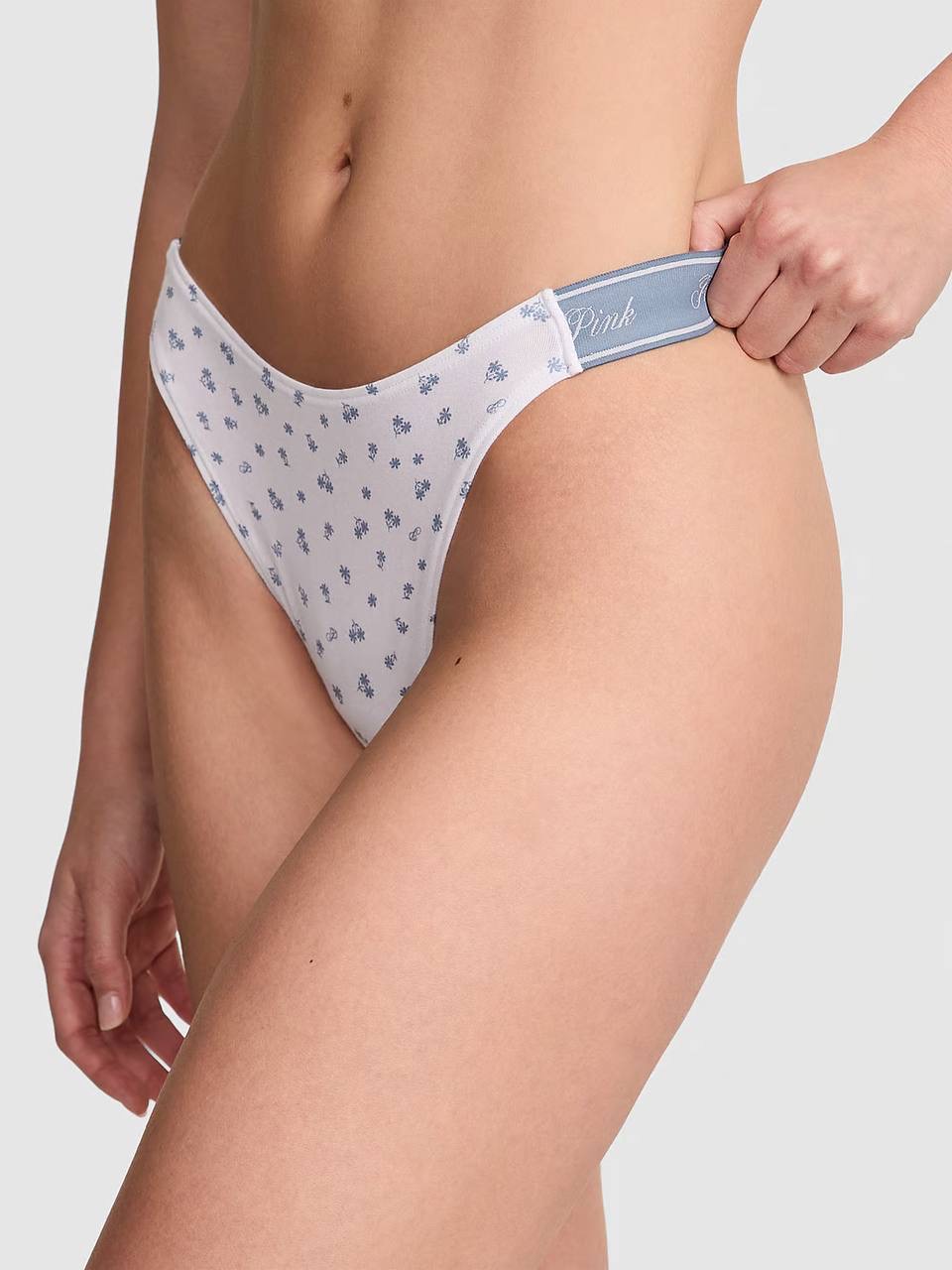 Logo PINK широке High-Leg Стрінги Розмір XS White Blue Floral Print 74KK