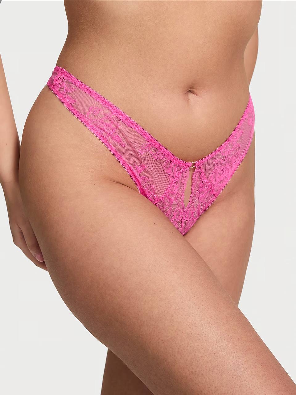 Rose Lace High-Leg Crotchless Thong M Ultra Pink 00T2