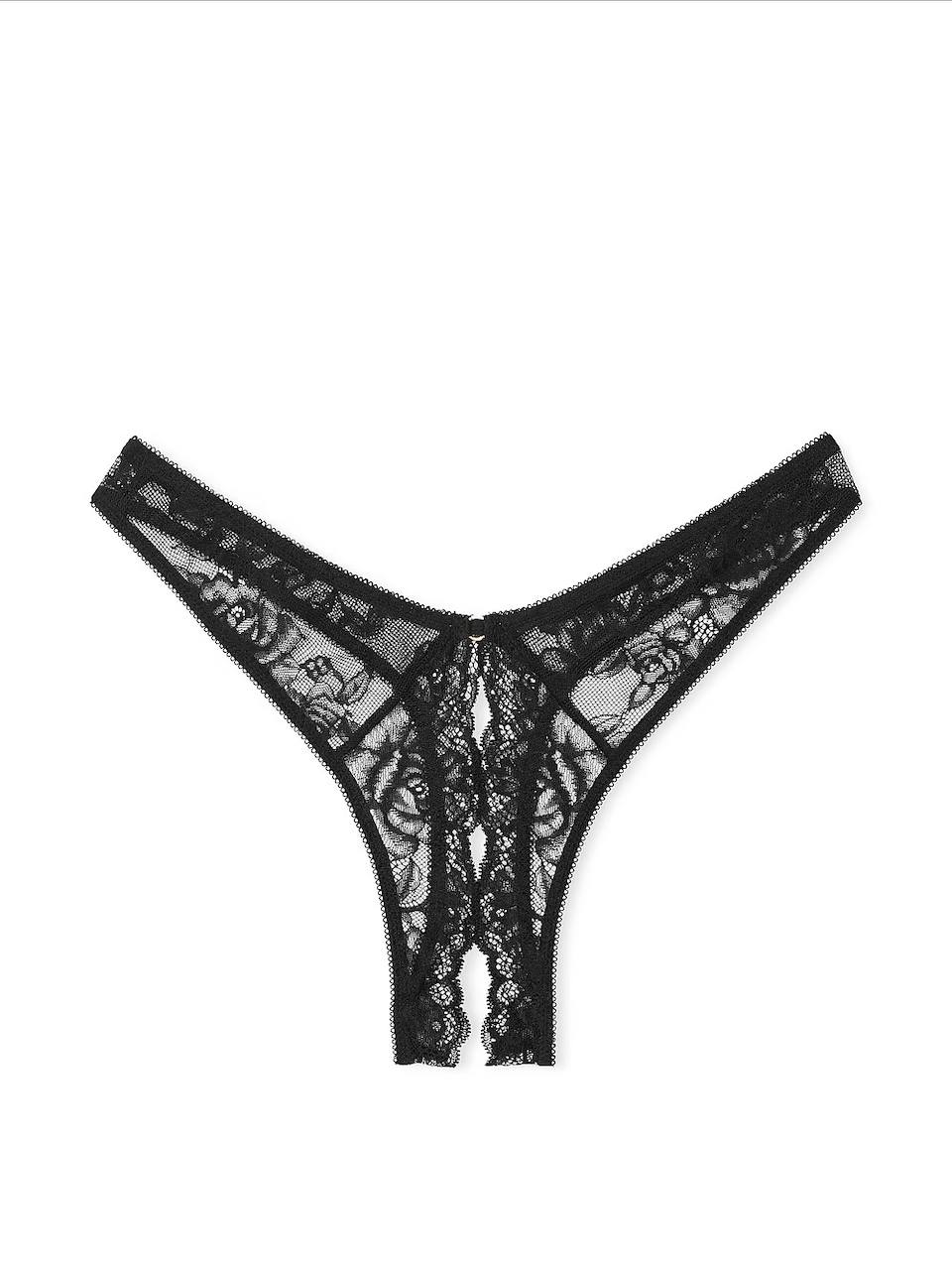 Rose Lace High-Leg Crotchless Thong S Black 54A2