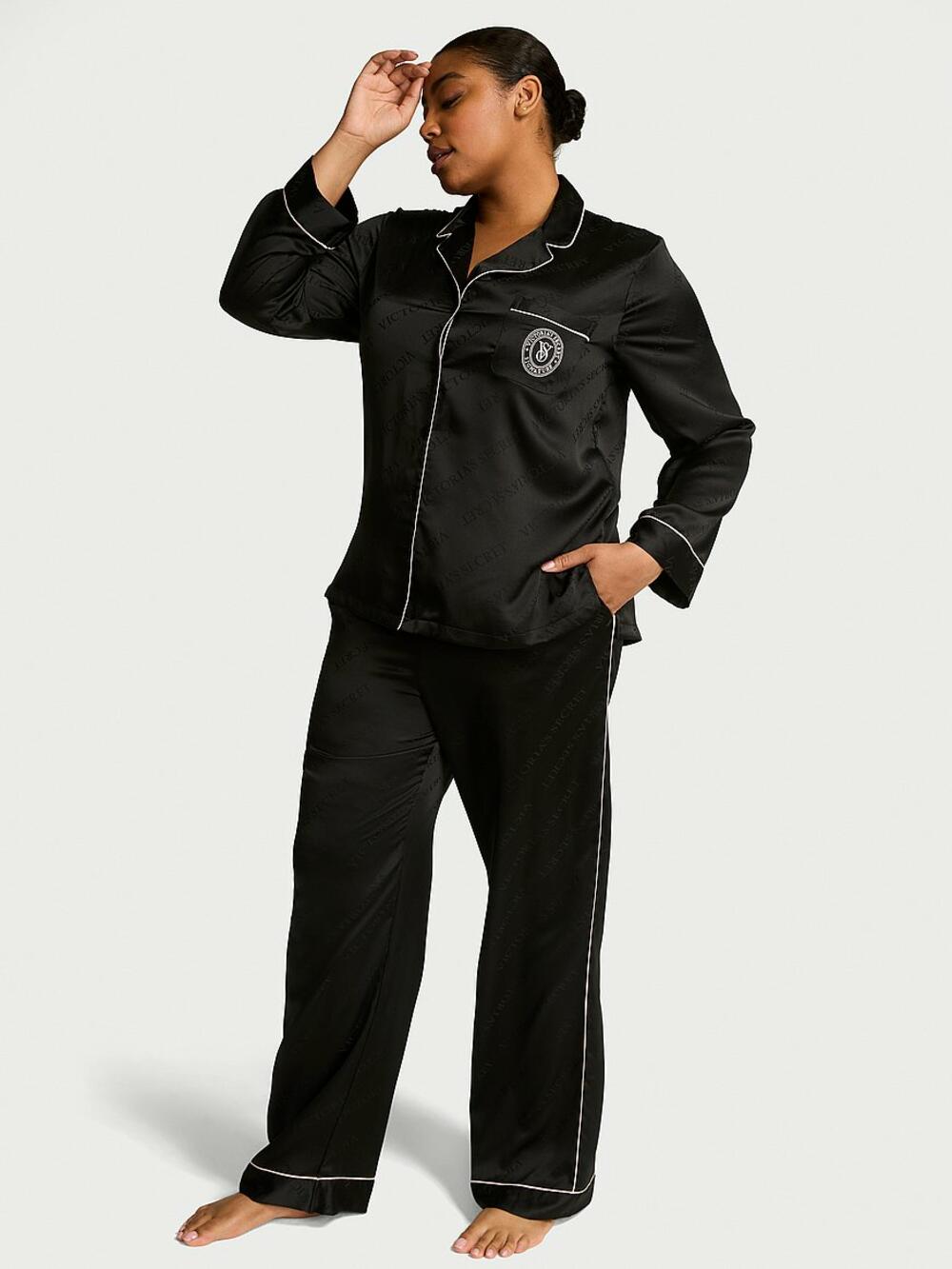 Сатинова піжама зі штанцями 6AZK Black, M regular