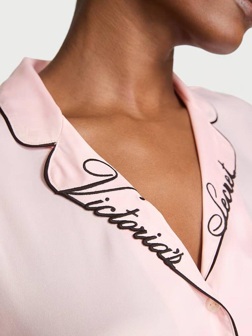 Cатинова піжама з шортами Angel Pink W Collar Embroidery (75AM), Розмір S