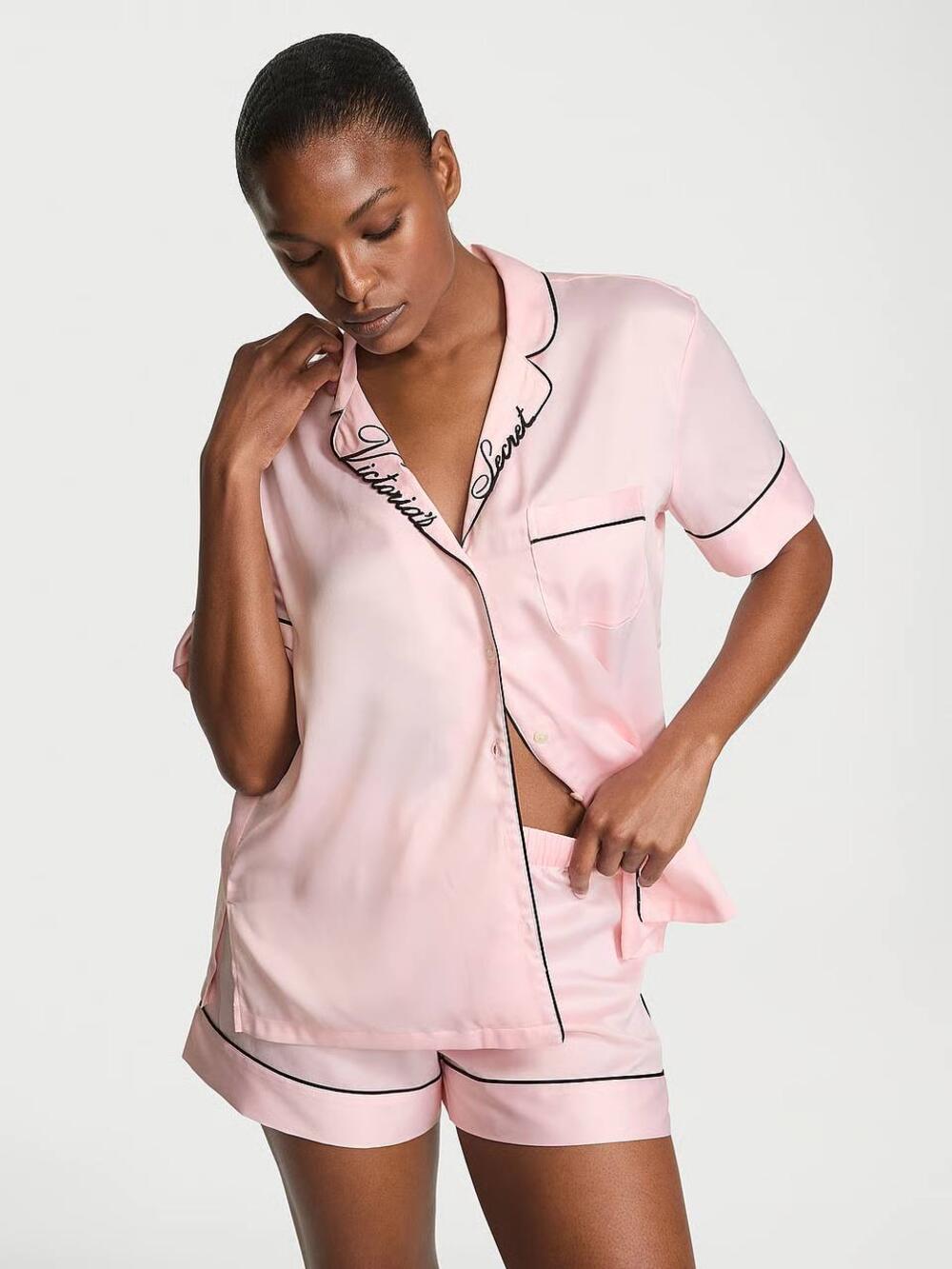Cатинова піжама з шортами Angel Pink W Collar Embroidery (75AM), Розмір ХS
