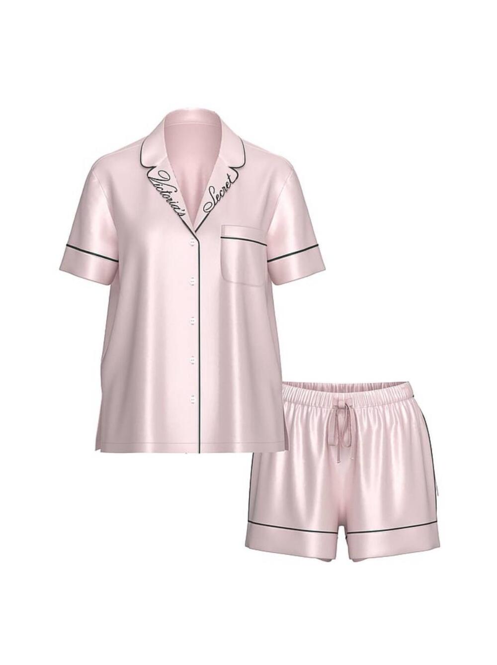 Cатинова піжама з шортами Angel Pink W Collar Embroidery (75AM), Розмір S