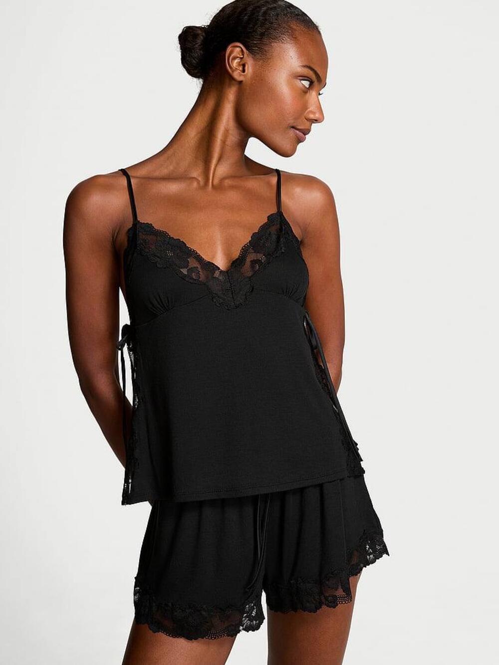 Ribbed Modal & Lace cami shorts set 54A2 black, Розмір ХS