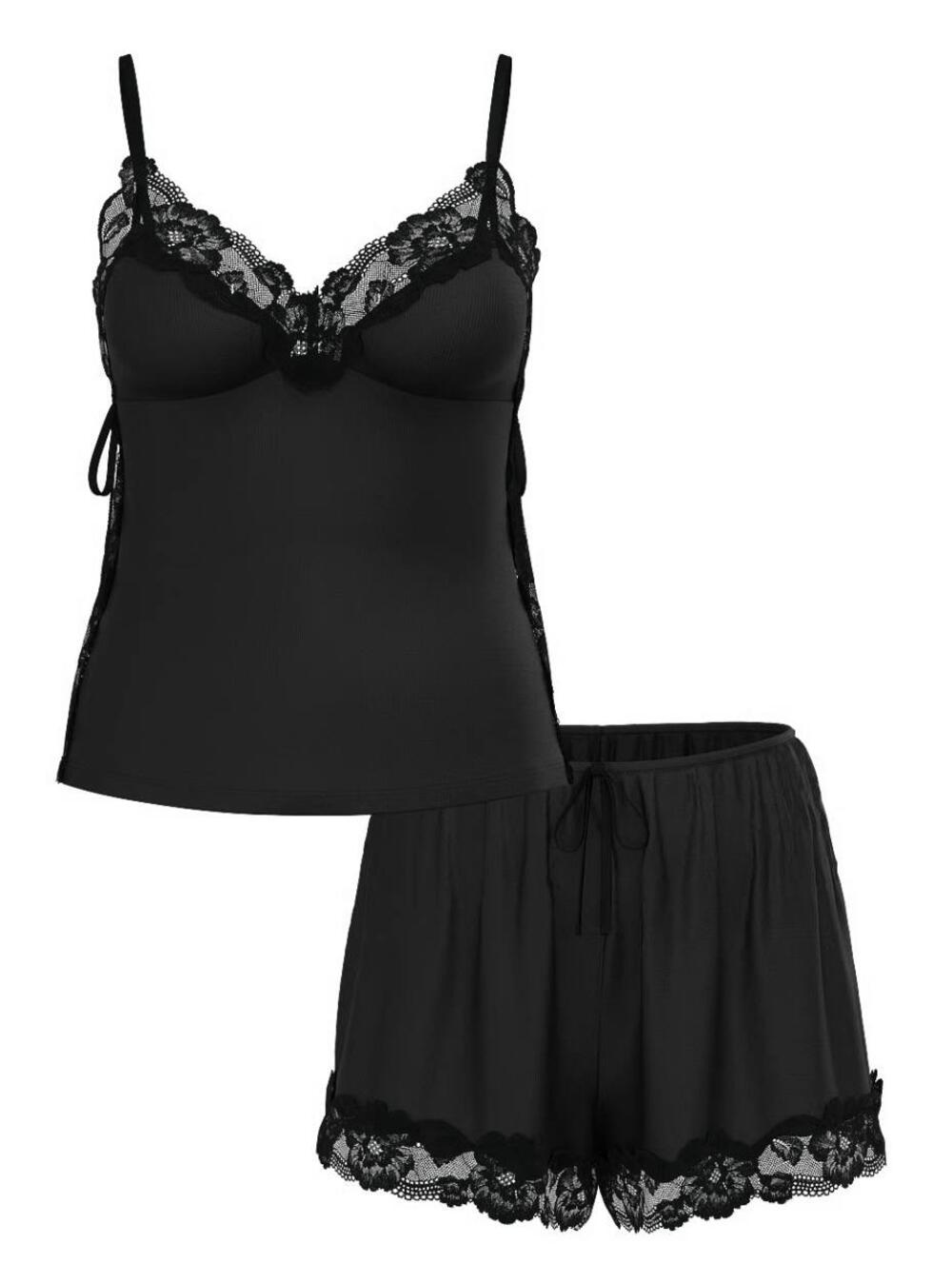 Ribbed Modal & Lace cami shorts set 54A2 black, Розмір ХS