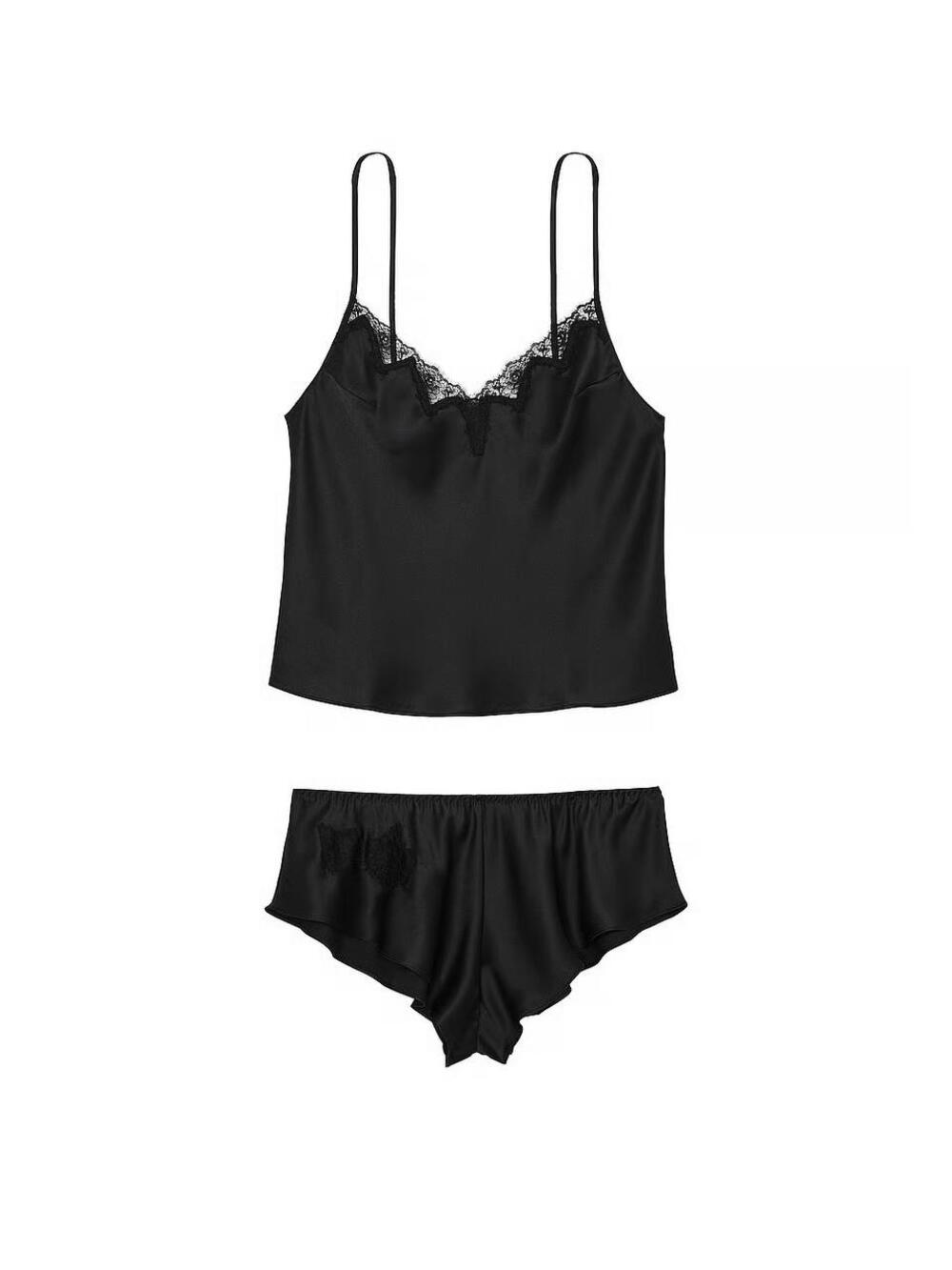 Satin Rose Lace-Trim Cami & Flutter Short Set 54A2 black, Розмір S
