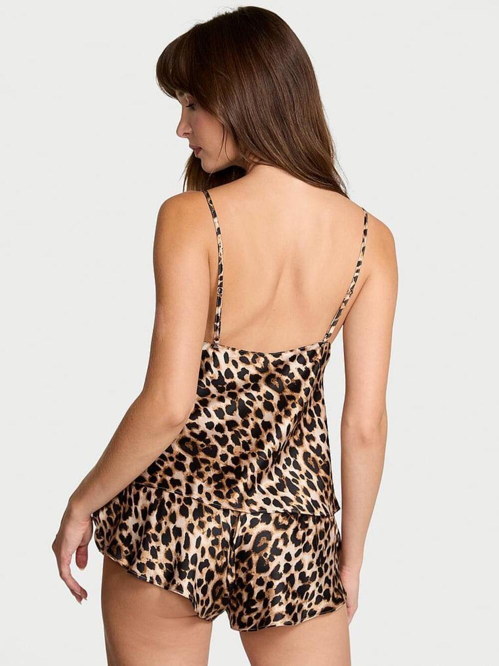 Satin Rose Lace-Trim Cami & Flutter Short Set Leopard 40HA, Розмір ХS