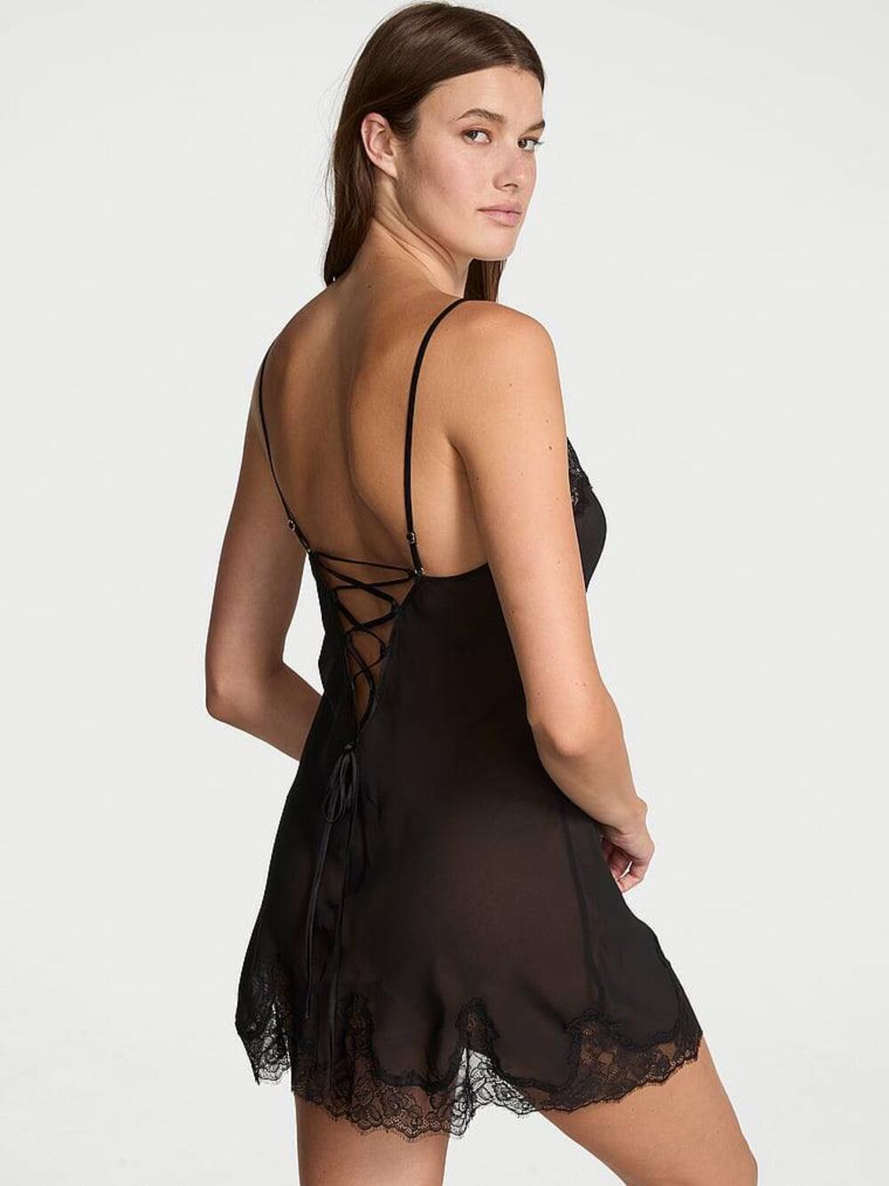 Rose Lace & Chiffon Mini Slip Dress 54A2 black, Розмір S