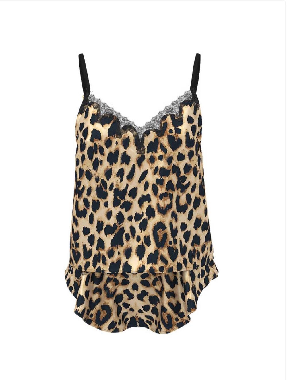 Satin Rose Lace-Trim Cami & Flutter Short Set Leopard 40HA, Розмір ХS