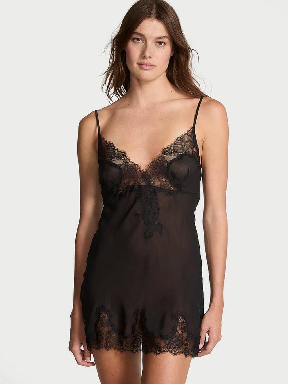 Rose Lace & Chiffon Mini Slip Dress 54A2 black, Розмір S