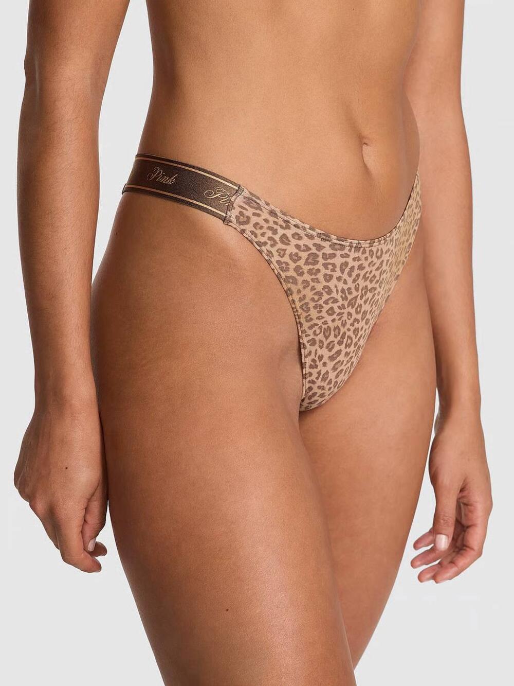 Logo PINK широке High-Leg Стрінги Розмір S Birch Brown Leopard Print (7FA3)