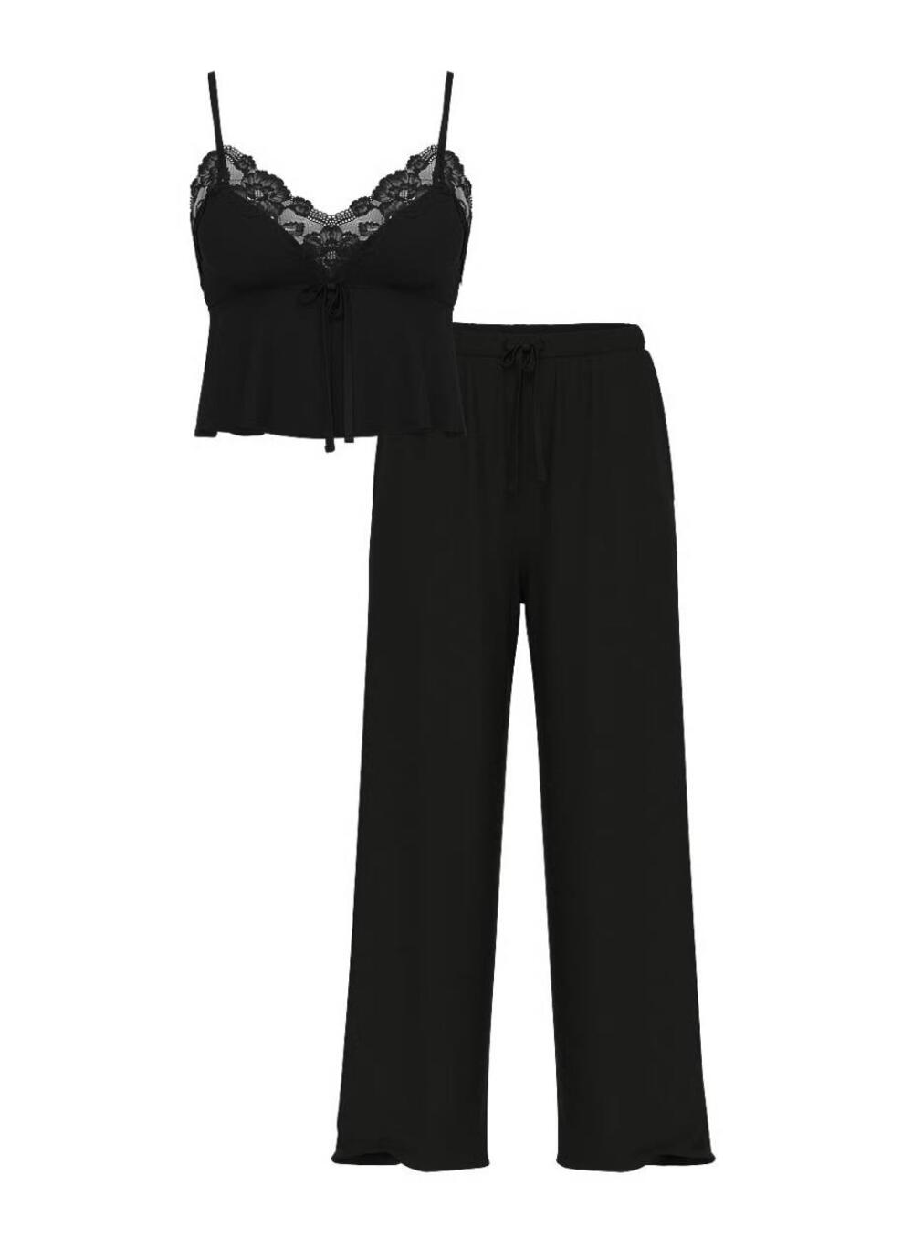 Modal Soft Lace-trim Cami & wide-leg Pant Black 54A2, S regular