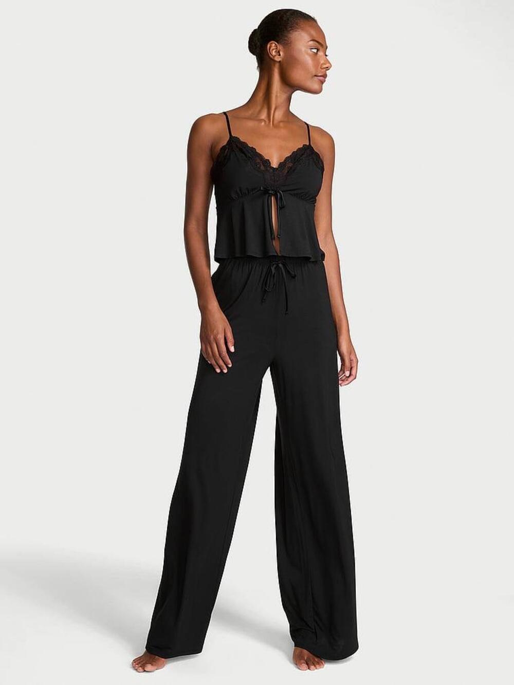 Modal Soft Lace-trim Cami & wide-leg Pant Black 54A2, S regular