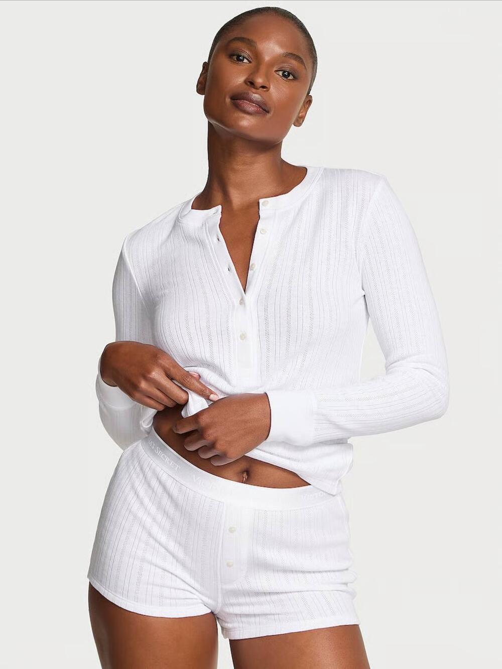 Піжамка лонгслів з шортиками Pointelle Henley Victoria's Secret VS WHITE(95D1), Розмір М