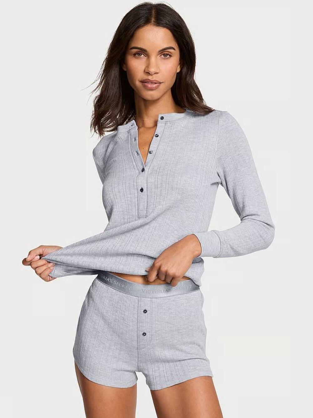 Піжамка лонгслів з шортиками Pointelle Henley Victoria's Secret MEDIUM HEATHER GREY (1NG0), Розмір М