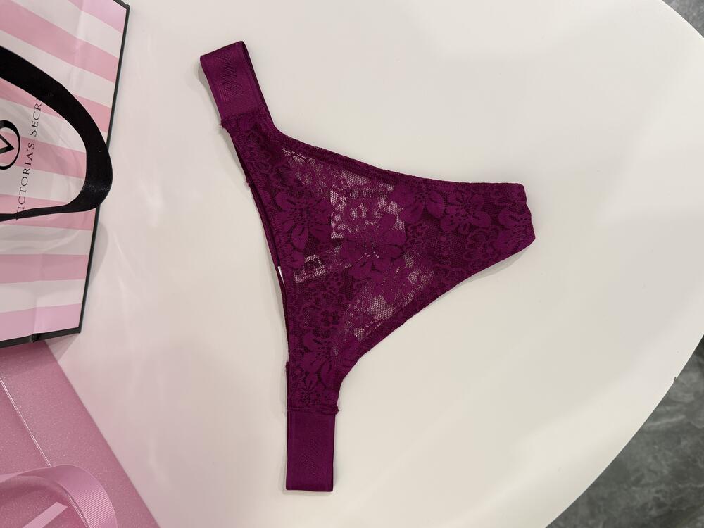 Logo PINK широке High-Leg Стрінги Розмір XS сітка бургунді