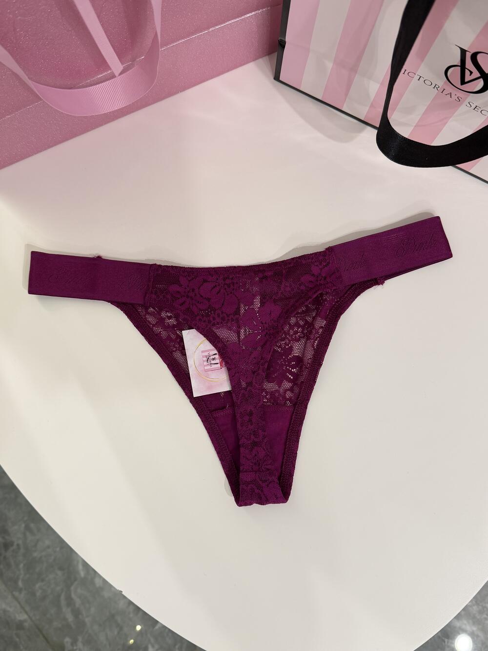 Logo PINK широке High-Leg Стрінги Розмір XS сітка бургунді